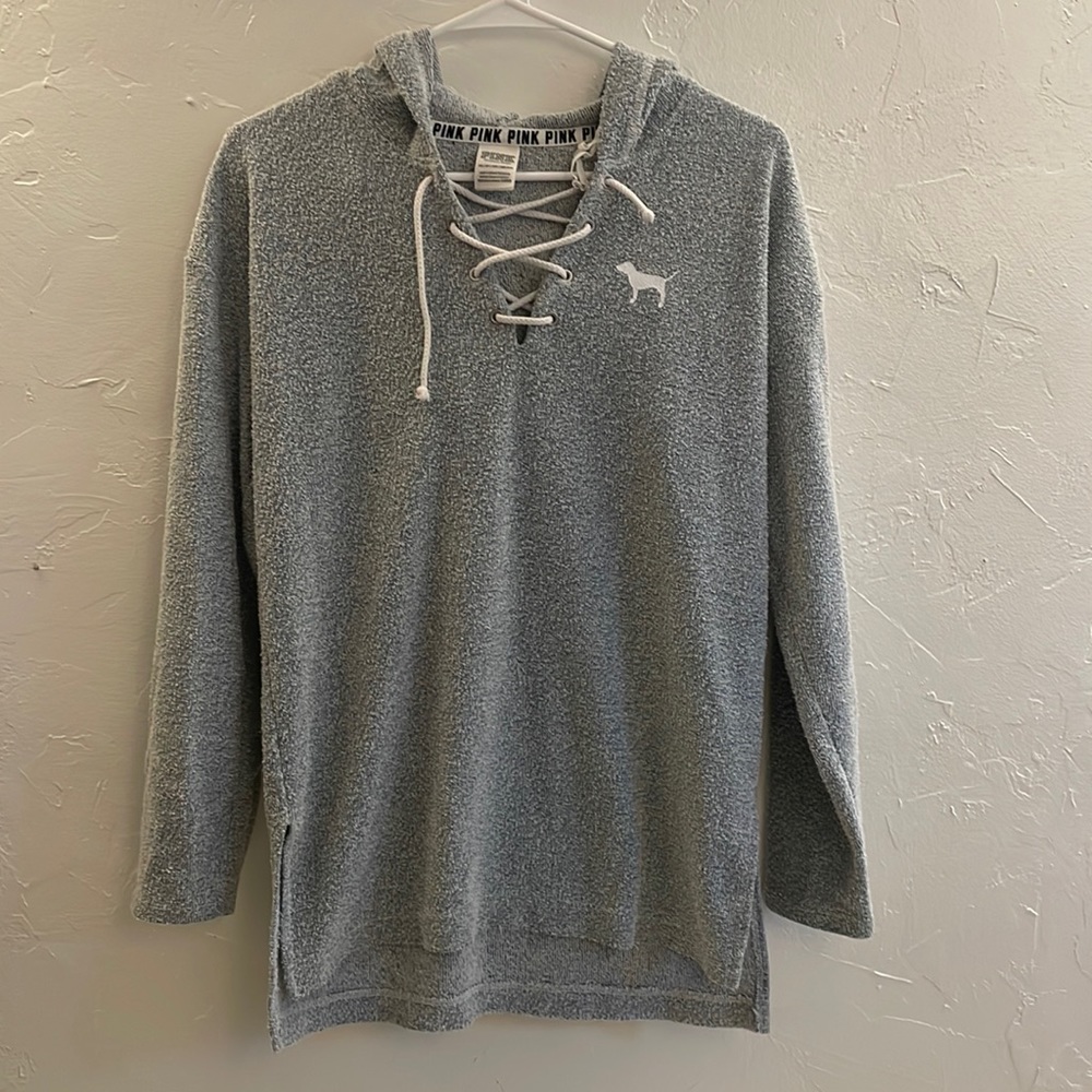 Pink Victoria’s Secret Sweatshirt Hoodie Blue and White Lace Up Size XS